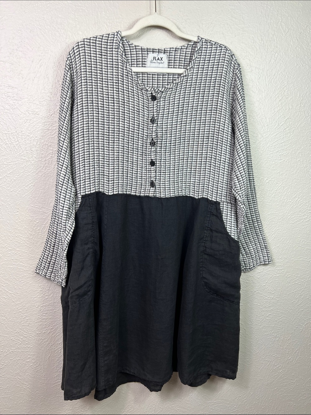 Flax by Jeanne Engelhart Linen Lagenlook Black White Popover Dress Medium